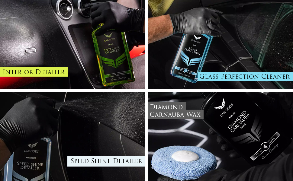 Image shows the following products in use: Interior Detailer, Glass Perfection Cleaner, Speed Shine Detailer, and Diamond Carnauba Wax.