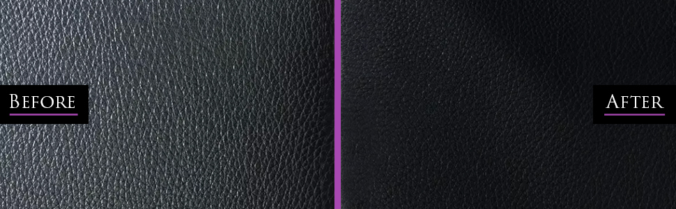 Image shows before and after of leather upholstery. The before image shows a faded surface whilst the after shows a deep, conditioned surface with intense black colour.