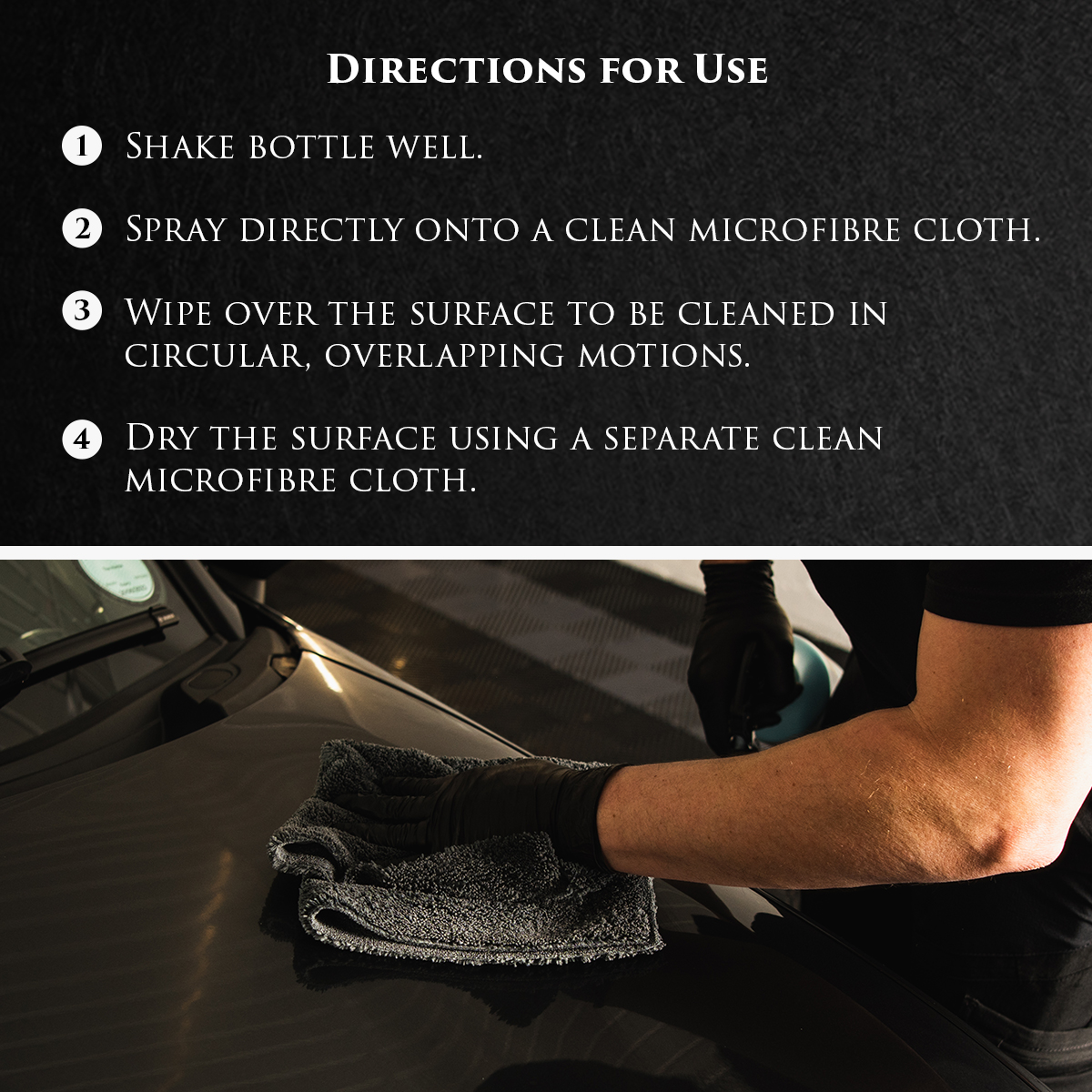 Image shows Car Gods Panel Spray being applied to a black vehicle using the trigger spray mechanism. Image shows Car Gods Panel Spray being buffed off a black vehicle using a grey microfibre cloth.