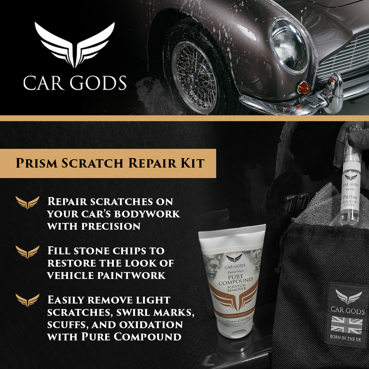 Car Gods Prism Scratch Repair Kit. Repair scratches, fill stone chips and remove swirl marks, scuffs, and oxidation to restore your vehicle’s gloss paintwork finish to its original showroom shine.