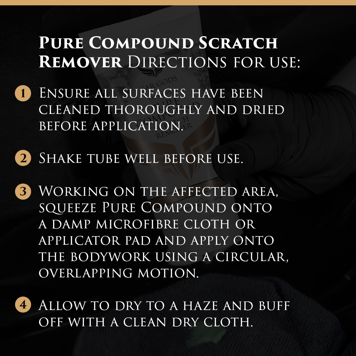 Image shows Car Gods Pure Compound Scratch Remover being applied to a grey microfibre cloth.
