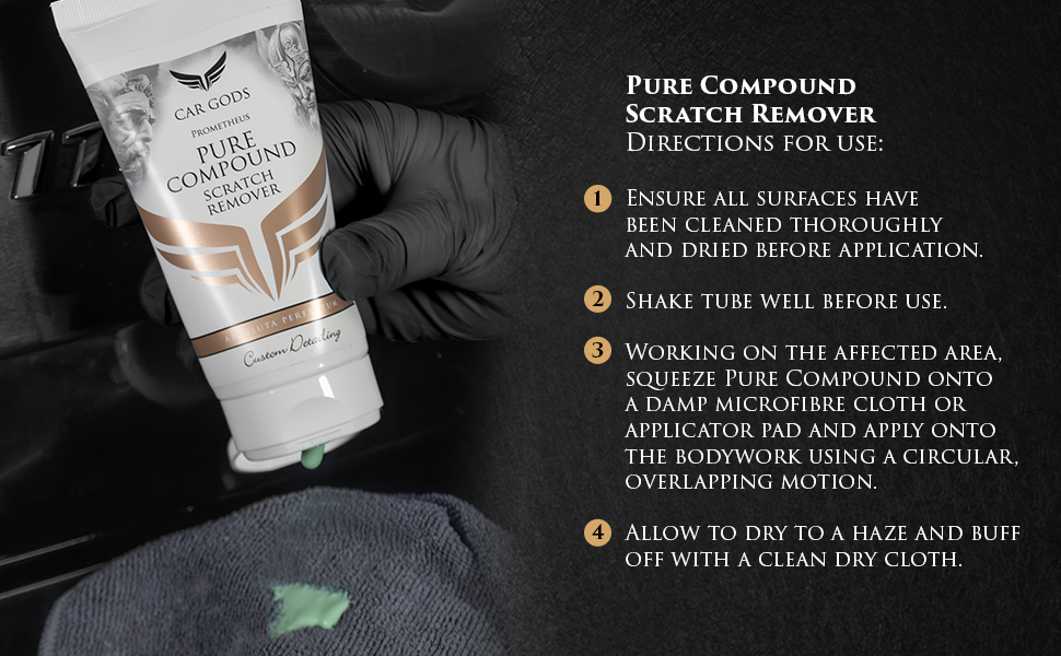 Image shows Car Gods Pure Compound Scratch Remover being applied to a grey microfibre cloth.