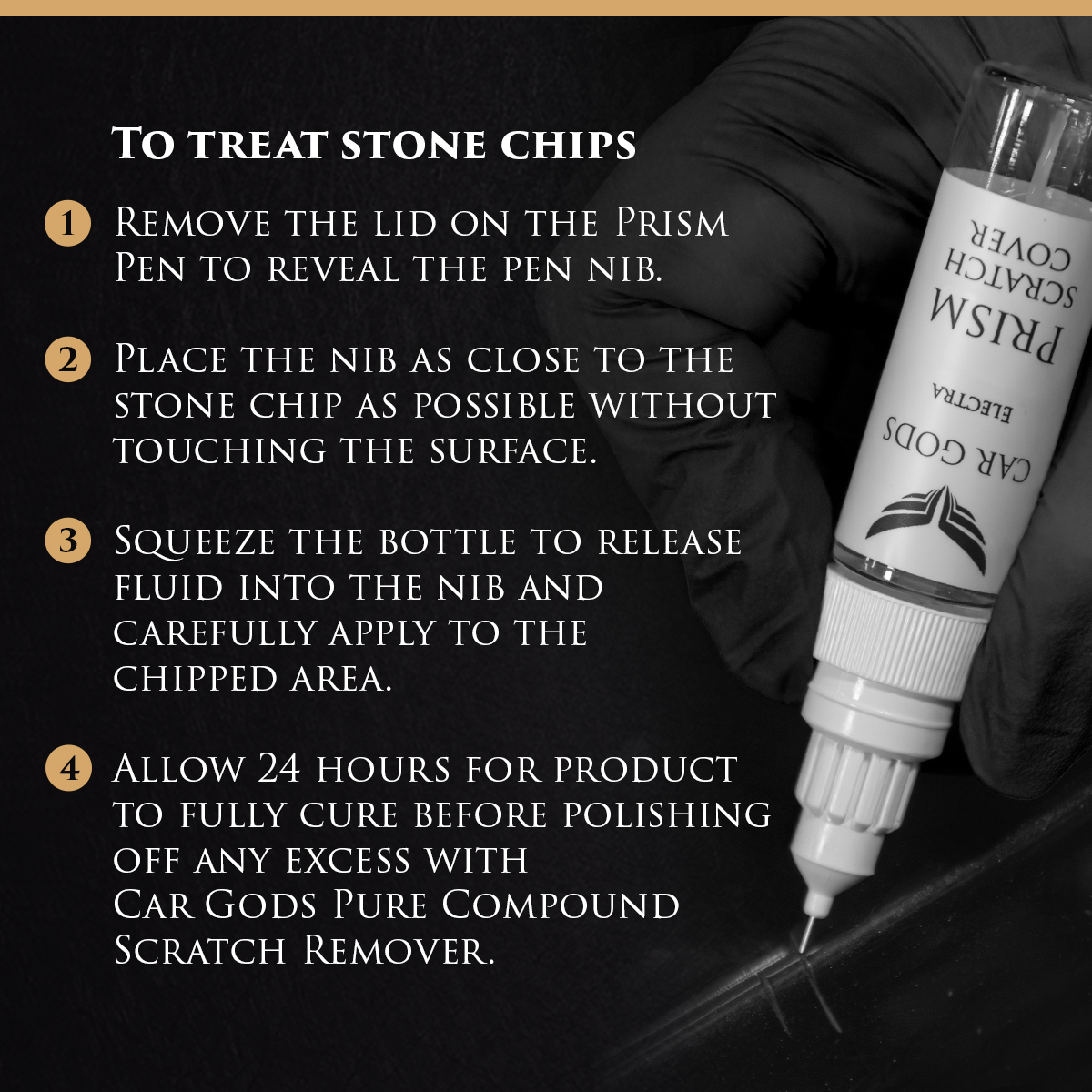 Image shows Prism Scratch Cover pen nib being used to treat a stone chip.