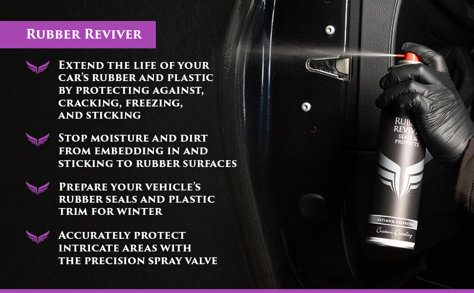 Rubber Reviver. Extend the life of your car’s rubber and plastic by protecting against, cracking, freezing, and sticking. Stop moisture and dirt from embedding in and sticking to rubber surfaces and prepare your vehicle’s rubber seals and plastic trim for winter. The precision spray valve helps you accurately protect intricate areas of your vehicle.