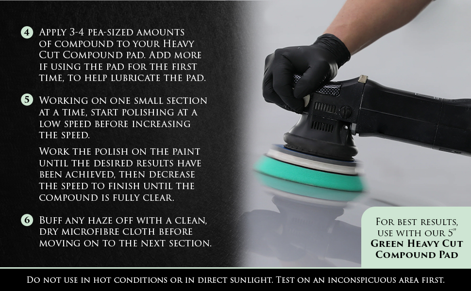 Image shows Sectus 3K Compound being applied to a white vehicle using a machine polisher. Text: For best results use with our 5 inch Green Heavy Cut Compound Pad. Do not use in hot conditions or in direct sunlight. Test on an inconspicuous area first.