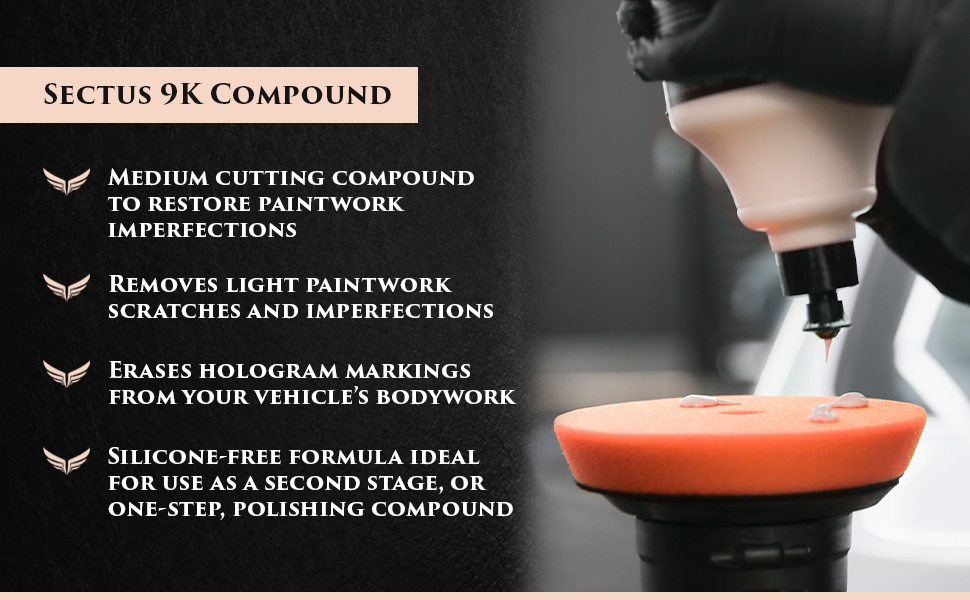 Sectus 9K Compound. Medium cutting compound removes light paintwork scratches, imperfections, and hologram markings. Silicone-free formula ideal for use as a second stage, or one-step, polishing compound.