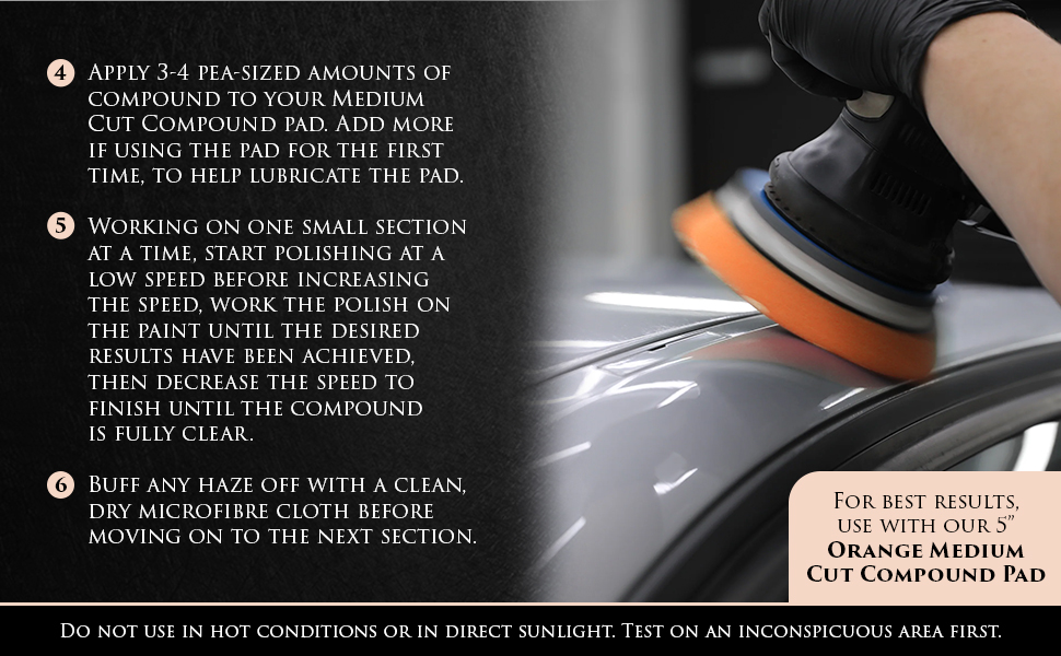 Image shows Car Gods Sectus 9K compound being applied to a white vehicle using a machine polisher. Text: for best results use with our 5 inch Orange Medium Cutting Compound Pad. Do not use in hot conditions or in direct sunlight. Test on an inconspicuous area first.