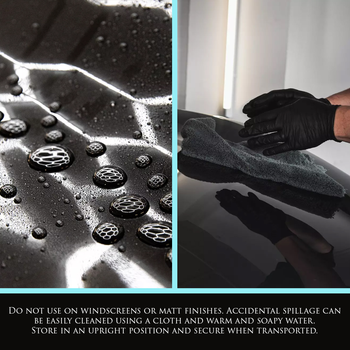 Left image shows Car Gods Ceramic SiO2 Hybrid Wax Spray being sprayed onto a black vehicle, the right image shows the solution being buffed off the vehicle surface with a grey microfibre cloth. Text: Do not use on windscreens or matt finishes. Accidental spillage can be easily cleaned using a cloth and water. Store in an upright position and secure when transported.