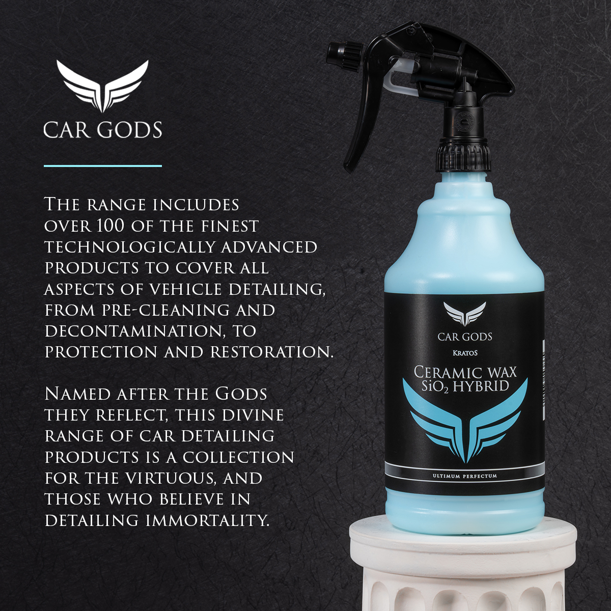 The range includes over 100 of the finest technologically advanced products to cover all aspects of vehicle detailing, from pre-cleaning and decontamination, to protection and restoration. Named after the Gods they reflect, this divine range of car detailing products is a collection for the virtuous, and those who believe in detailing immortality.