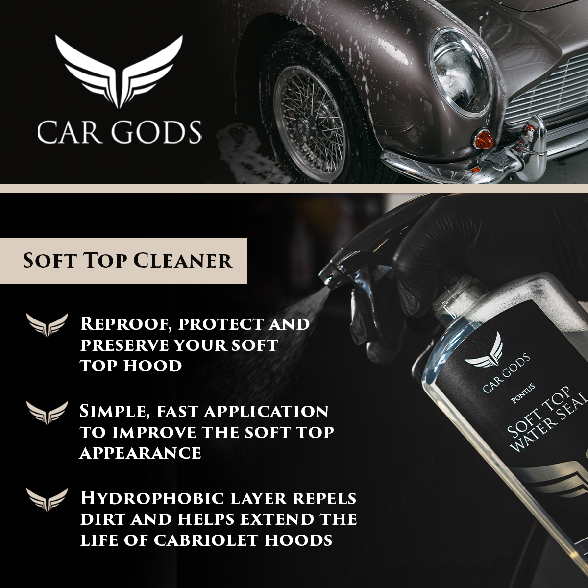 Car Gods Soft Top Water Seal. Reproof, protect and preserve your soft top hood with a simple, fast application of Soft Top Water Seal. The hydrophobic layer will repel dirt and help to extend the life of cabriolet hoods.