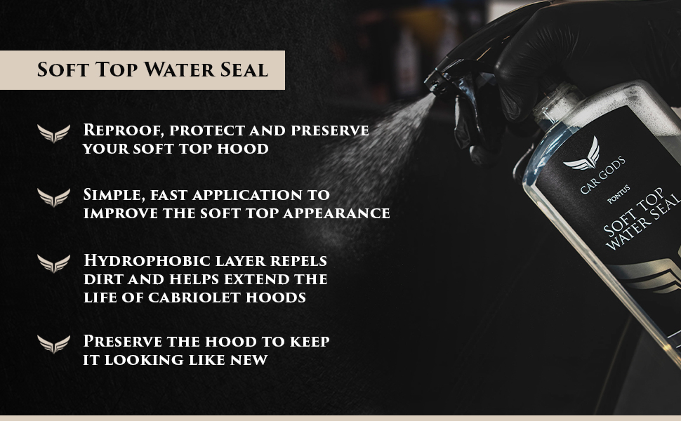 Soft Top Water Seal. Reproof, protect and preserve your soft top hood with a simple, fast application of Soft Top Water Seal. The hydrophobic layer will repel dirt and help to extend the life of cabriolet hoods.