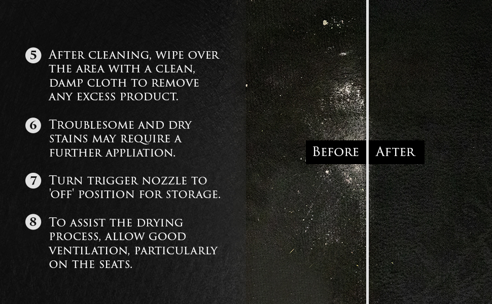 Image shows before & after of using Car Gods Stain Eliminator. Before shows a dirty, faded, stained carpet. After shows a clean carpet with the look of the pile restored to a like-new condition.