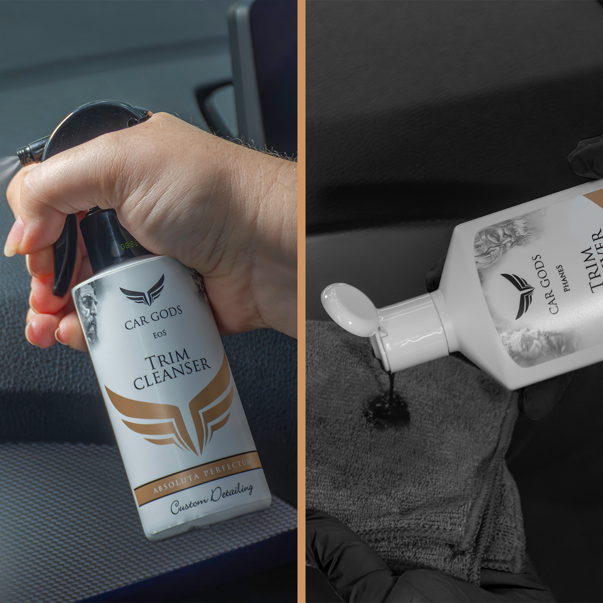 Left image shows Trim Cleanser being sprayed onto a car’s dashboard. Right image shows Trim Reviver being poured onto a grey microfibre cloth.