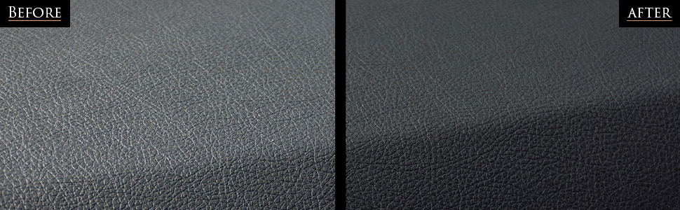 Image shows before & after of using Car Gods Trim Rejuvenator Kit. Before image shows dull, dirty and faded car dashboard. After image shows clean, like-new looking car dashboard with more depth of colour.
