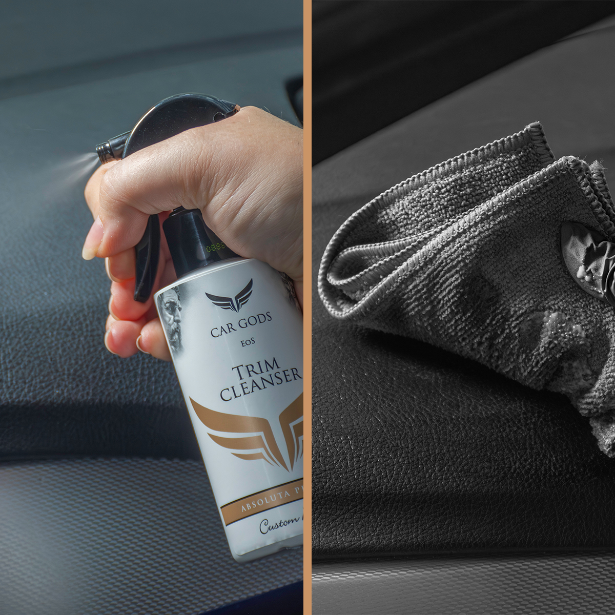 Left image shows Trim Cleanser being sprayed onto a car’s dashboard. Right image shows Trim Reviver being poured onto a grey microfibre cloth.