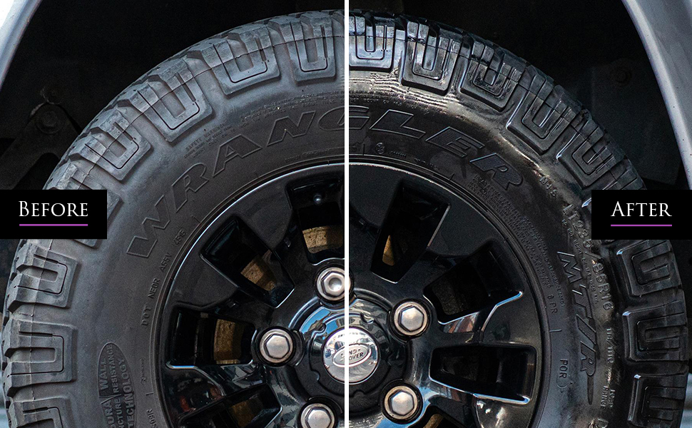 Image shows before and after of cleaning a wheel with Car Gods Wheel Perfection Cleaner and conditioning with Wheel Perfection Wax and Black Angel Tyre Glaze. The wheel is dirty and dull in the before image, and in the after image is glossy, clean and looks brand-new.