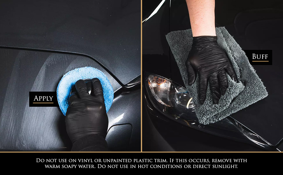Left image shows Wax of The Gods being applied to a black vehicle. Right image shows product being buffed off a black vehicle with a grey microfibre cloth. Text: Do not use on vinyl or unpainted plastic trim. If this occurs, remove with warm soapy water. Do not use in hot conditions or direct sunlight.