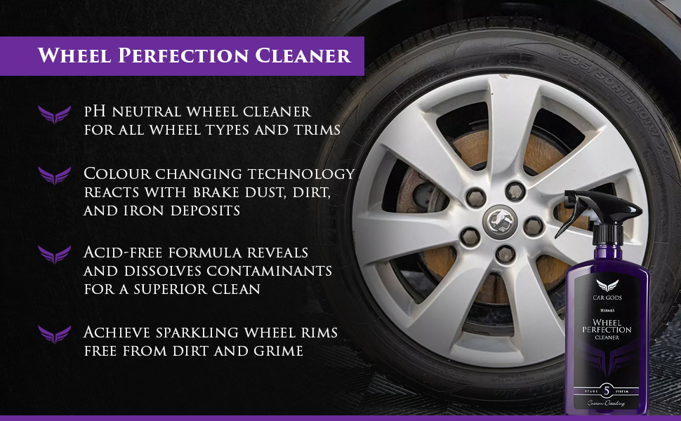 Wheel Perfection Cleaner. pH neutral wheel cleaner for wheel types and wheel trims with colour changing technology that reacts with brake dust, dirt, and iron deposits to dissolve contaminants for a superior clean.