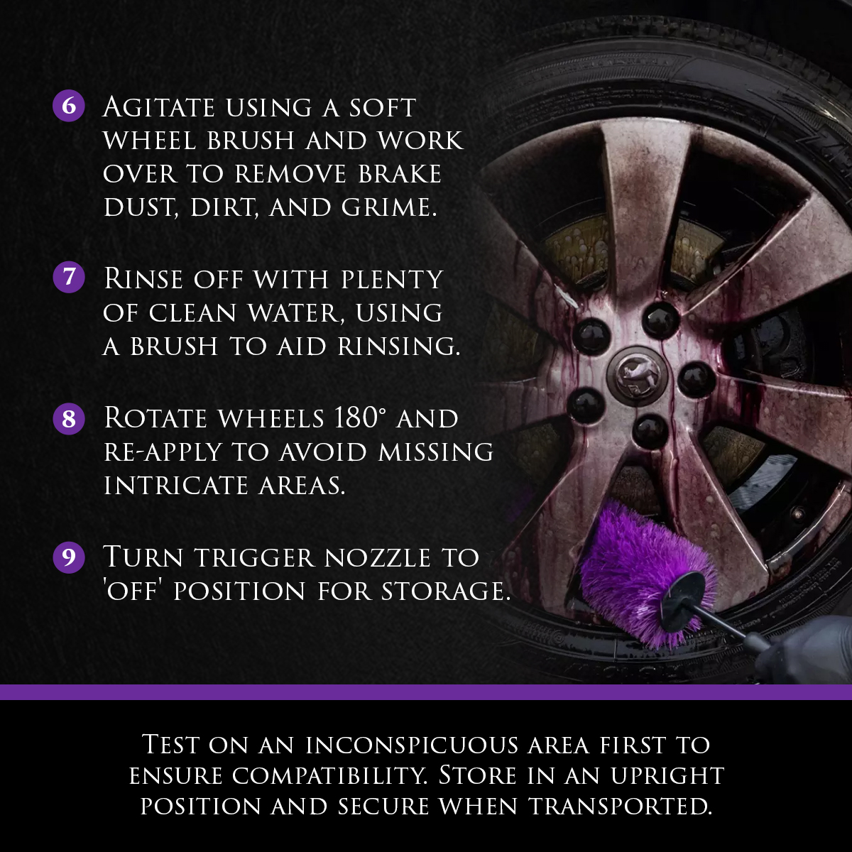 Image Shows Car Gods Wheel Perfection Cleaner reacting with and changing colour to a deep purple, and being agitated with a Car Gods Barrel Brush. Text: Test on an inconspicuous area first to ensure compatibility. Store in an upright position and secure when transported.