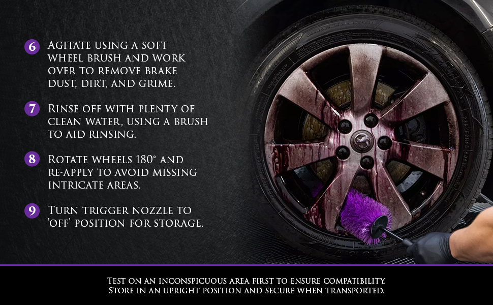 Image Shows Car Gods Wheel Perfection Cleaner reacting with and changing colour to a deep purple, and being agitated with a Car Gods Barrel Brush. Text: Test on an inconspicuous area first to ensure compatibility. Store in an upright position and secure when transported.