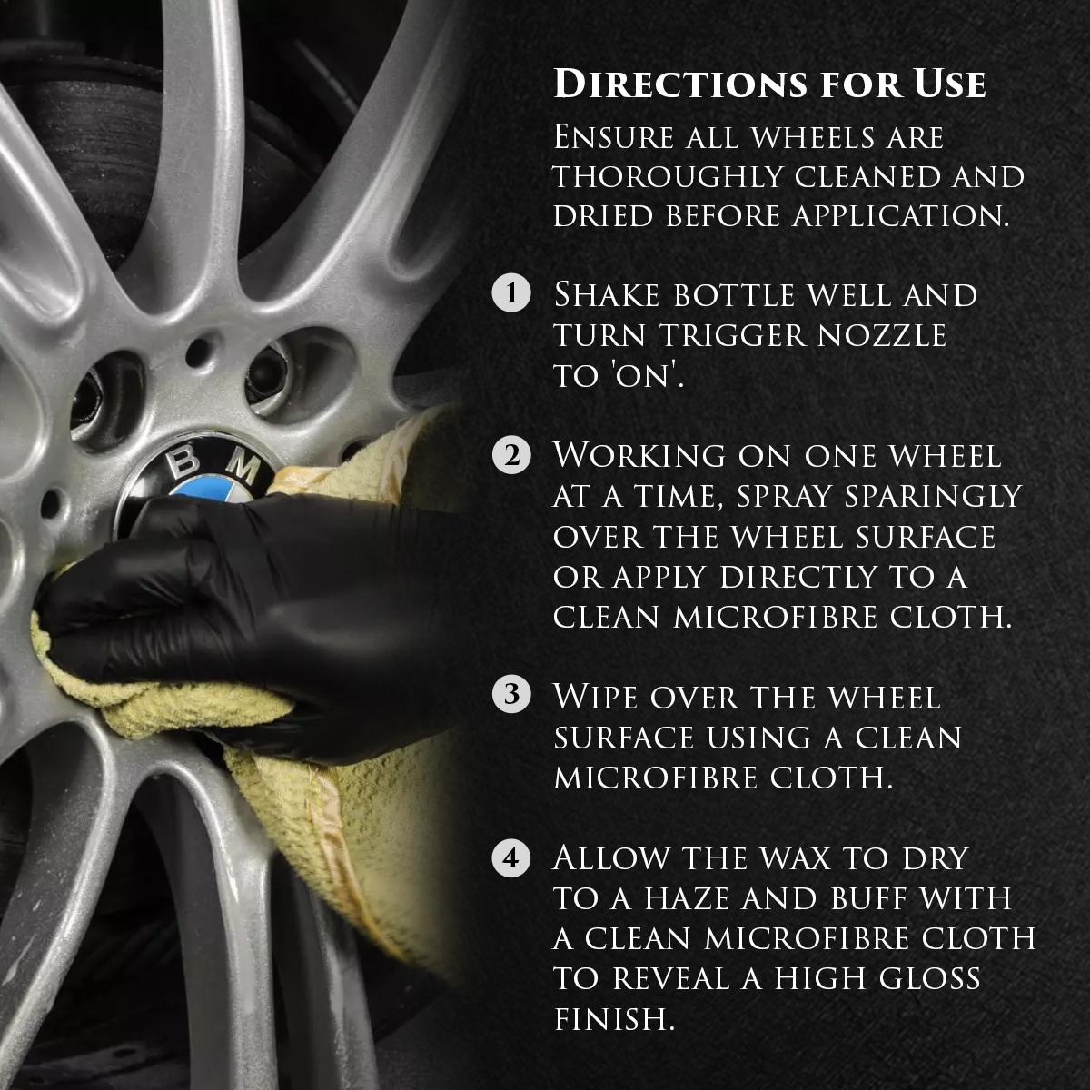 Image shows Wheel Perfection Wax being worked into a wheel with a yellow microfibre cloth. Text: Store in an upright position and secure when transported.