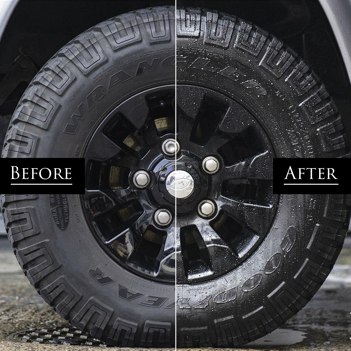 Image shows before and after of using Car Gods Wheel Perfection and Black Angel Tyre Glaze. Before use the wheel is dirty and dull, after use the wheel has a bold depth of colour and brilliant shine.