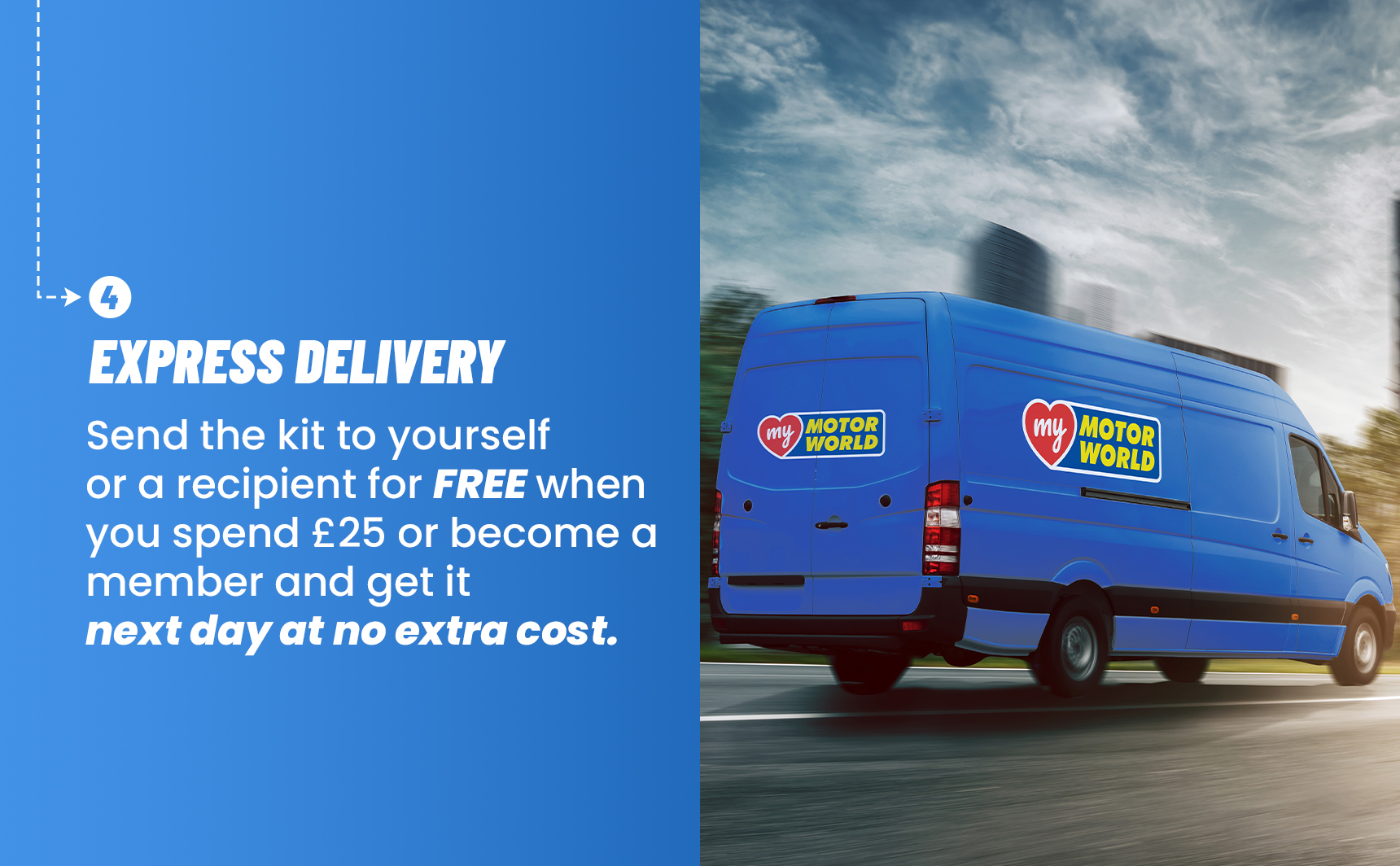 Step 4 - Express Delivery. Image of a blue branded my motorworld delivery van.
