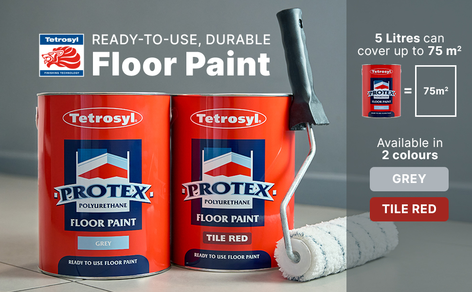 Tetrosyl Protex Floor Paint. One 5 litre can overs up to 75 square metres. Comes in two colours; Tile Red and Grey.