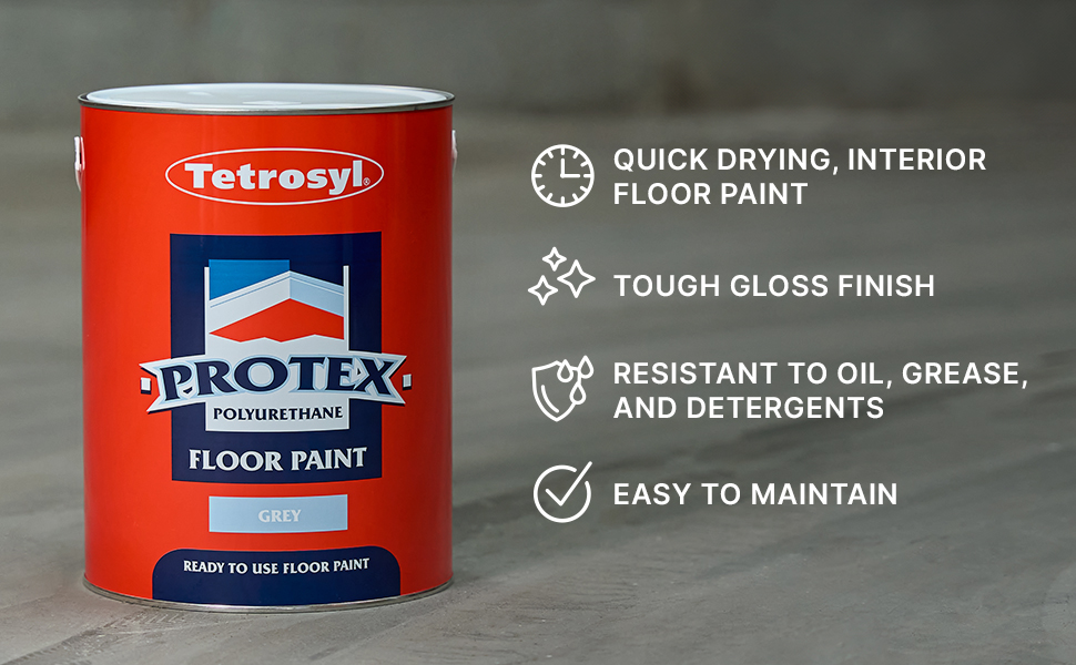 Quick drying, interior floor paint. Durable, tough gloss finish. Resistant to oil, grease, and detergents. Easy to maintain.