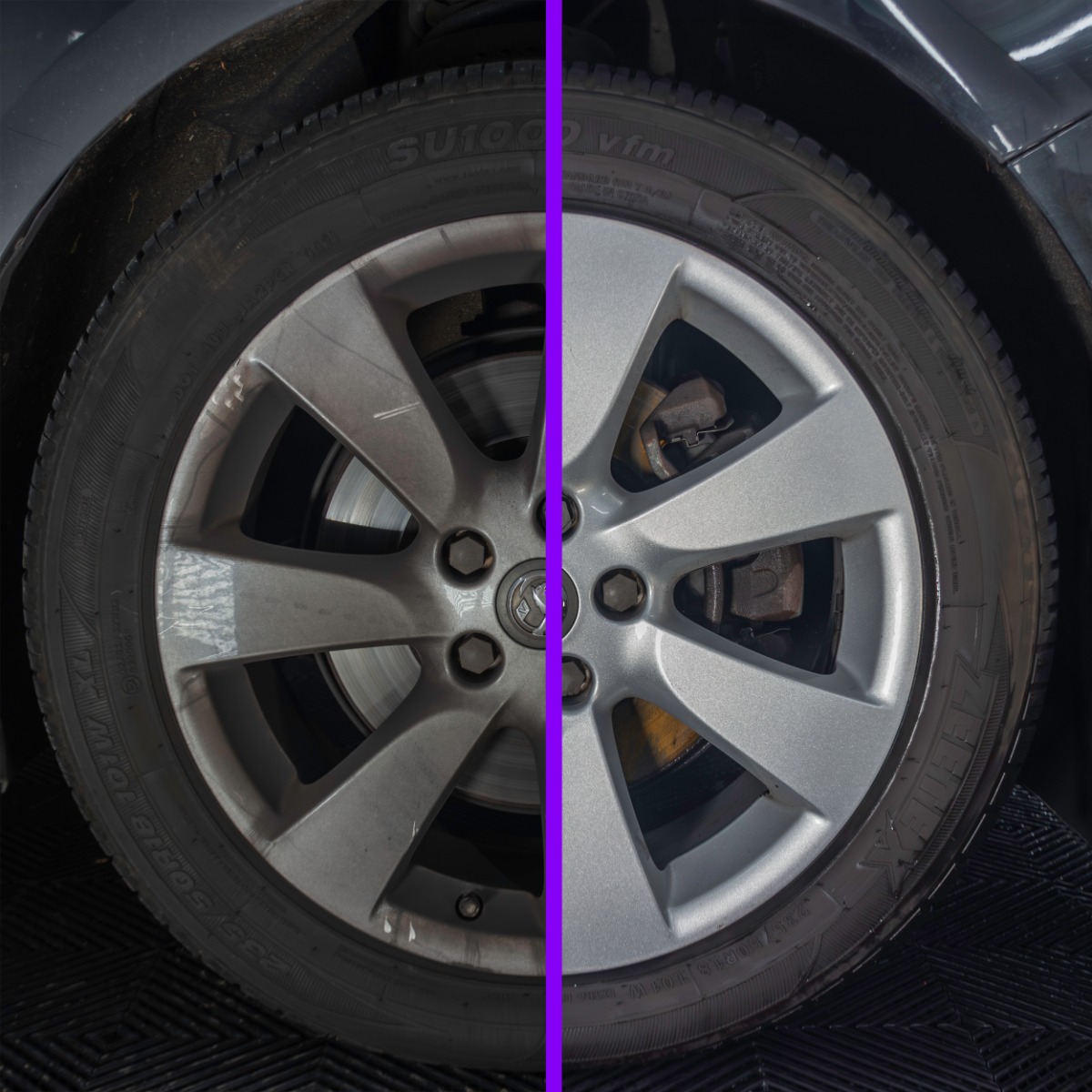 before and after of Wonder Wheels Colour Active Wheel Cleaner